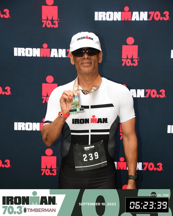 Ranjeet Singh at the Ironman 70.3 Timberman triathlon in Laconia, NH